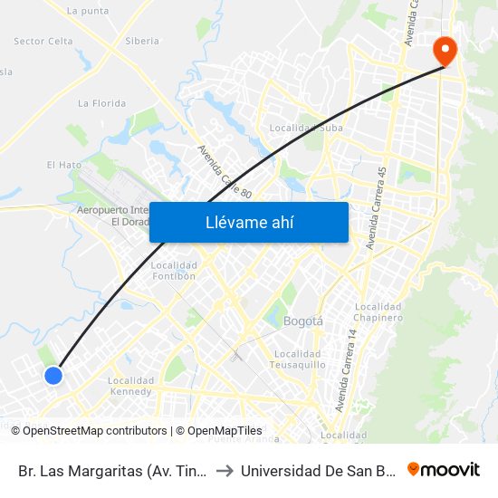 Br. Las Margaritas (Av. Tintal - Cl 49 Sur) to Universidad De San Buenaventura map