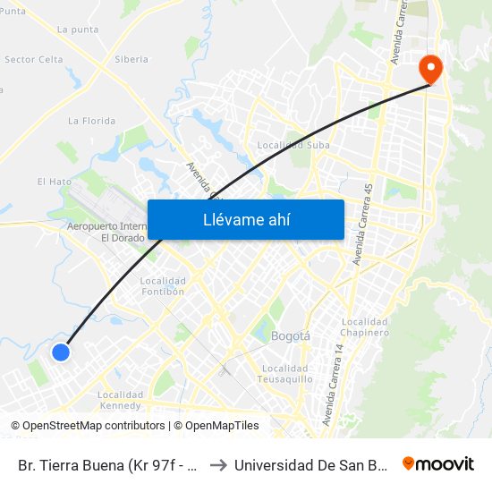 Br. Tierra Buena (Kr 97f - Cl 34 Bis Sur) to Universidad De San Buenaventura map