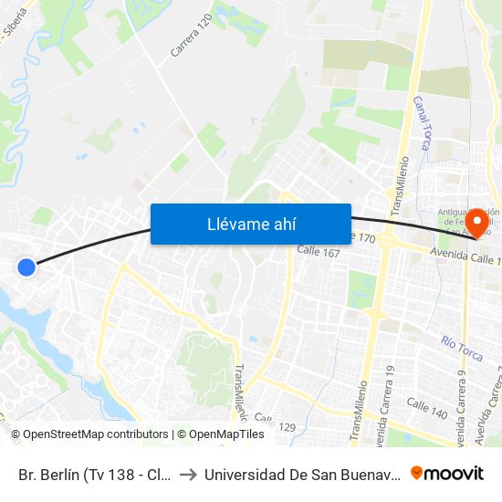 Br. Berlín (Tv 138 - Cl 137) to Universidad De San Buenaventura map