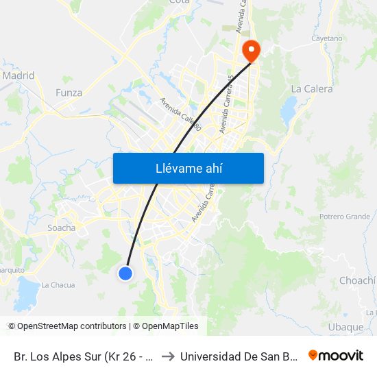 Br. Los Alpes Sur (Kr 26 - Cl 75 Bis Sur) to Universidad De San Buenaventura map