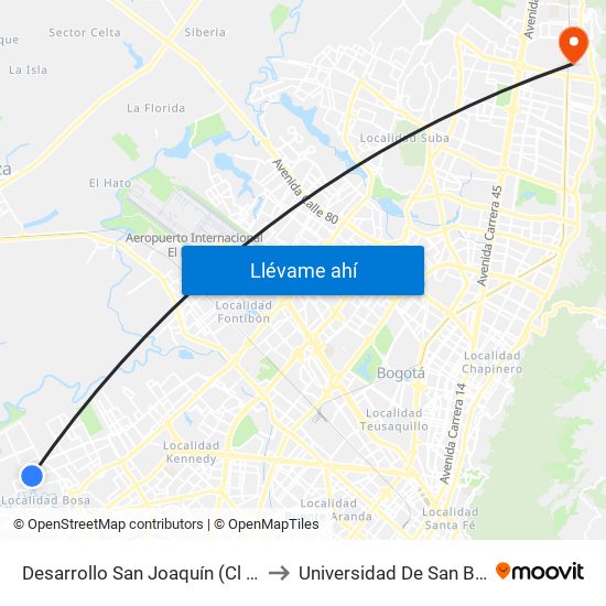 Desarrollo San Joaquín (Cl 71 Sur - Kr 88f) to Universidad De San Buenaventura map