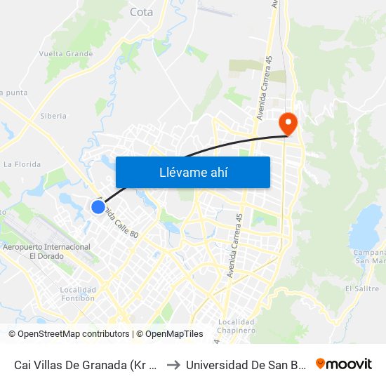 Cai Villas De Granada (Kr 112a - Cl 77c) to Universidad De San Buenaventura map