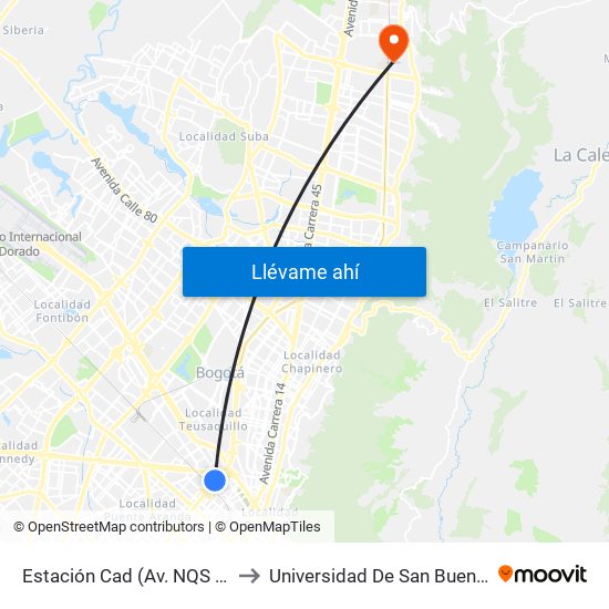 Estación Cad (Av. NQS - Cl 22b) to Universidad De San Buenaventura map