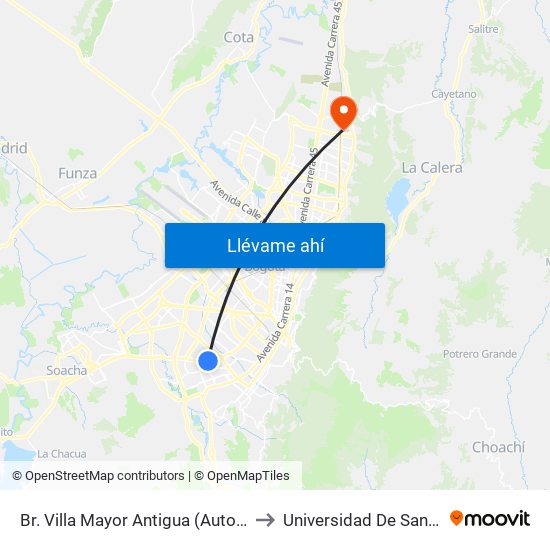 Br. Villa Mayor Antigua (Auto Sur - Cl 38 Bis Sur) to Universidad De San Buenaventura map