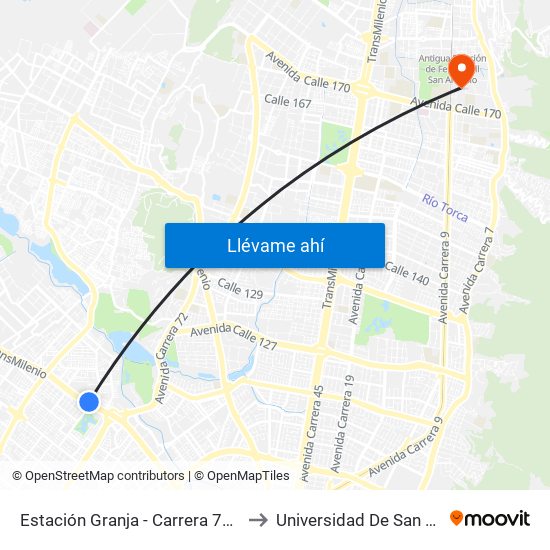 Estación Granja - Carrera 77 (Ac 80 - Tv 76d) to Universidad De San Buenaventura map