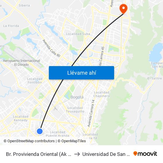 Br. Provivienda Oriental (Ak 68 - Cl 11 Sur) (A) to Universidad De San Buenaventura map