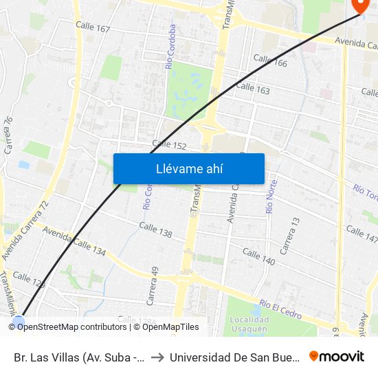 Br. Las Villas (Av. Suba - Cl 127d) to Universidad De San Buenaventura map