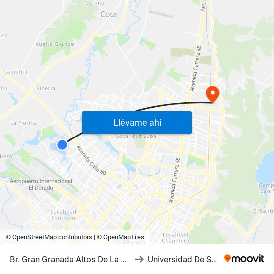 Br. Gran Granada Altos De La Sabana (Tv 123a - Dg 77b) to Universidad De San Buenaventura map