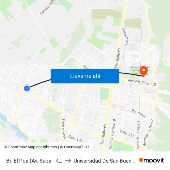 Br. El Poa (Av. Suba - Kr 103b) to Universidad De San Buenaventura map