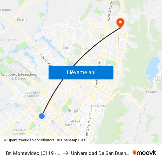 Br. Montevideo (Cl 19 - Kr 69b) to Universidad De San Buenaventura map
