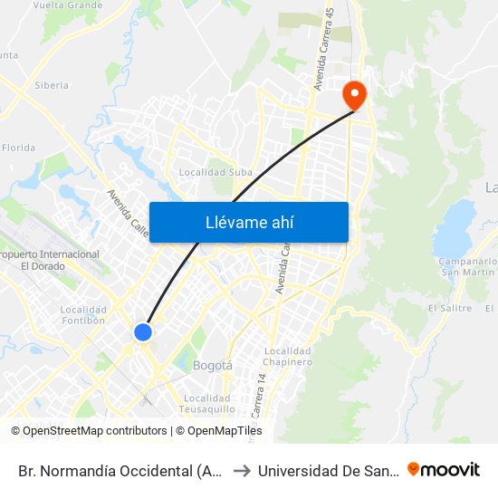 Br. Normandía Occidental (Av. Boyacá - Cl 48) (A) to Universidad De San Buenaventura map