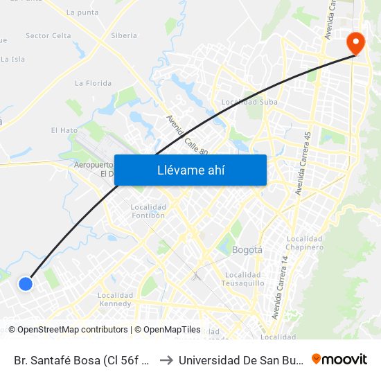 Br. Santafé Bosa (Cl 56f Sur - Kr 98c) to Universidad De San Buenaventura map