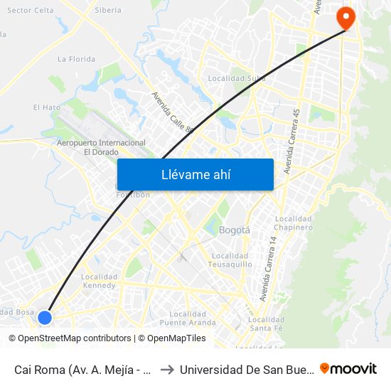 Cai Roma (Av. A. Mejía - Cl 55a Sur) to Universidad De San Buenaventura map