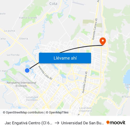 Jac Engativá Centro (Cl 66b - Kr 121) to Universidad De San Buenaventura map