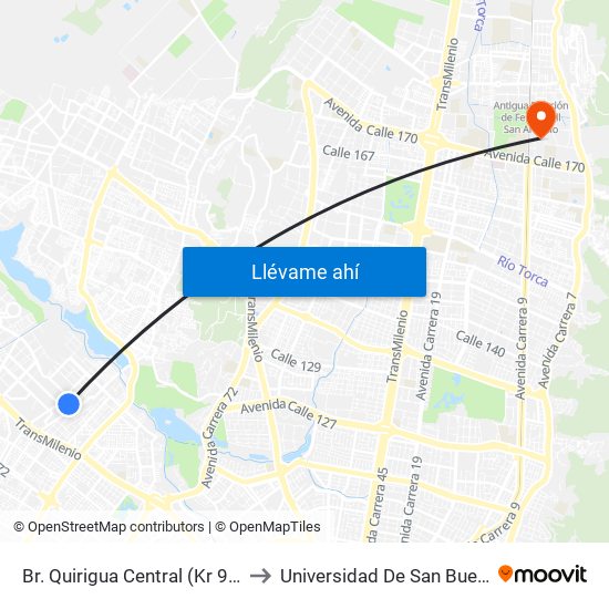 Br. Quirigua Central (Kr 94h - Cl 84) to Universidad De San Buenaventura map