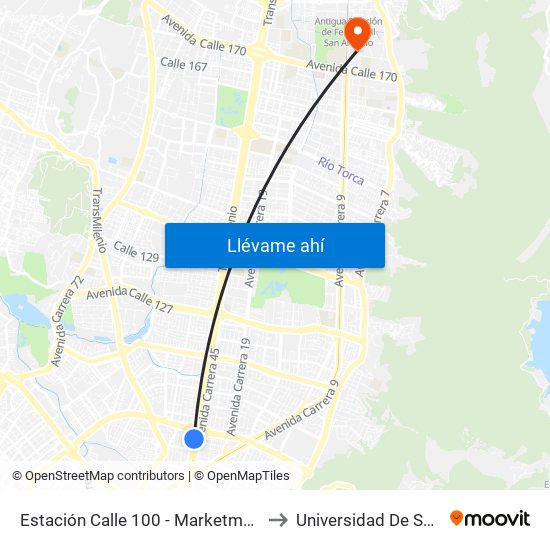 Estación Calle 100 - Marketmedios (Auto Norte - Cl 95) to Universidad De San Buenaventura map