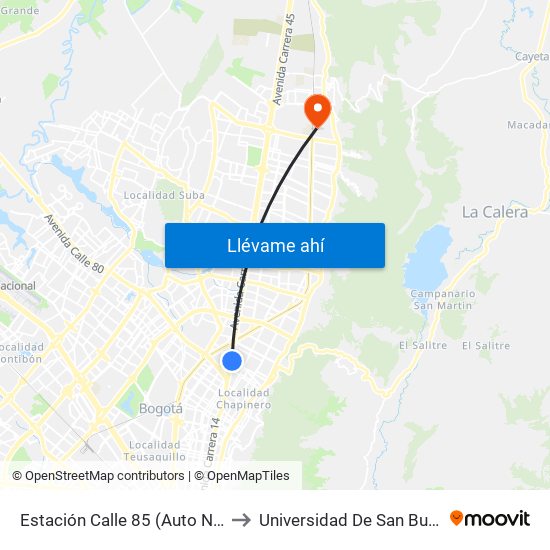 Estación Calle 85 (Auto Norte - Cl 85) to Universidad De San Buenaventura map