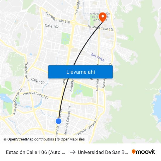 Estación Calle 106 (Auto Norte - Cl 105) to Universidad De San Buenaventura map