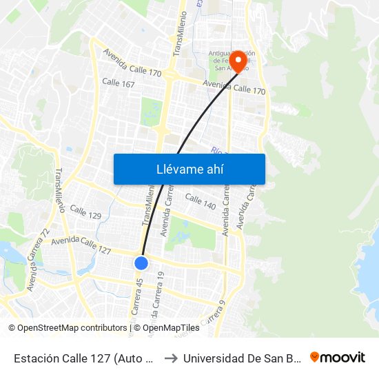 Estación Calle 127 (Auto Norte - Cl 123) to Universidad De San Buenaventura map