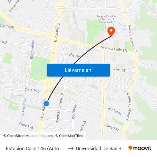 Estación Calle 146 (Auto Norte - Cl 148) to Universidad De San Buenaventura map