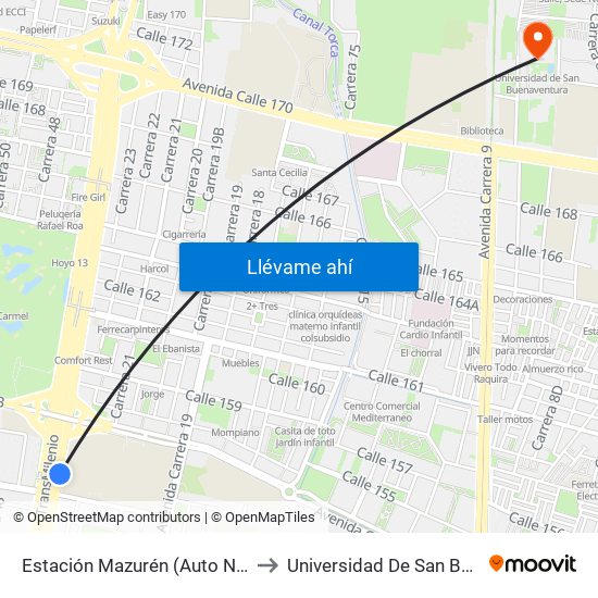 Estación Mazurén (Auto Norte - Cl 152) to Universidad De San Buenaventura map