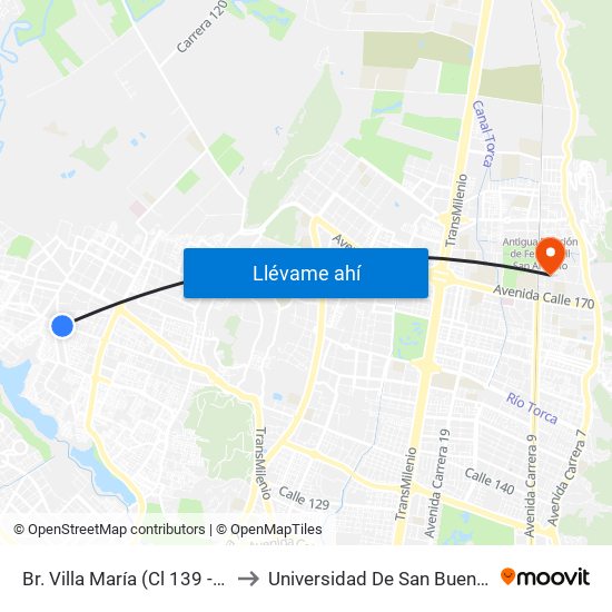 Br. Villa María (Cl 139 - Kr 114) to Universidad De San Buenaventura map