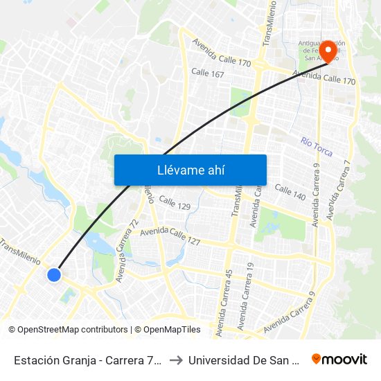 Estación Granja - Carrera 77 (Kr 81 - Cl 78) to Universidad De San Buenaventura map