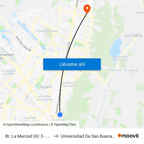Br. La Merced (Kr 5 - Cl 33a) to Universidad De San Buenaventura map