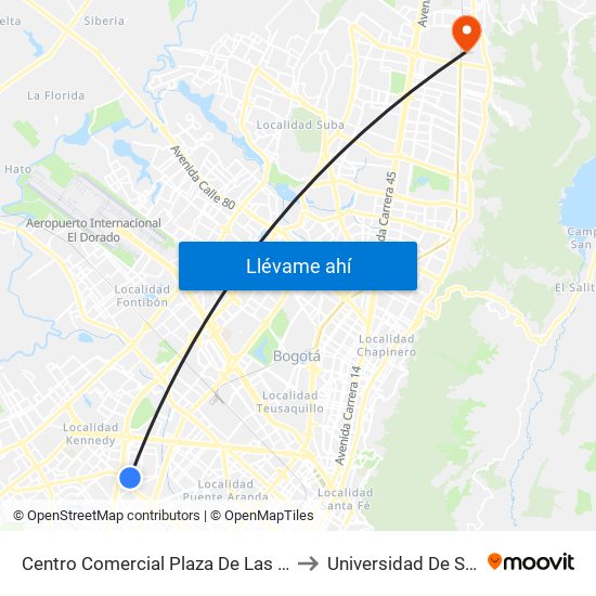 Centro Comercial Plaza De Las Américas (Cl 8 Sur - Kr 71a) to Universidad De San Buenaventura map