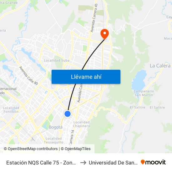 Estación NQS Calle 75 - Zona M (Av. NQS - Cl 75) to Universidad De San Buenaventura map