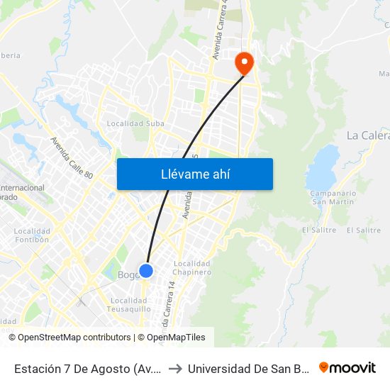 Estación 7 De Agosto (Av. NQS - Cl 63f) to Universidad De San Buenaventura map