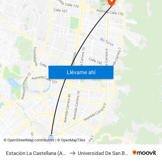 Estación La Castellana (Av NQS - Cl 86) to Universidad De San Buenaventura map
