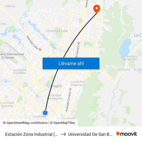 Estación Zona Industrial (Ac 13 - Kr 38) to Universidad De San Buenaventura map