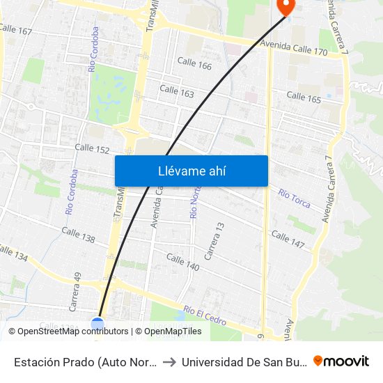 Estación Prado (Auto Norte - Cl 128a) to Universidad De San Buenaventura map