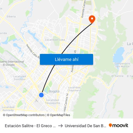 Estación Salitre - El Greco (Ac 26 - Kr 66) to Universidad De San Buenaventura map