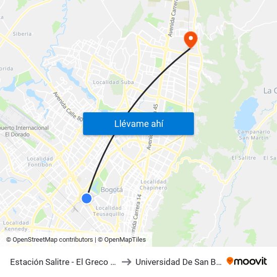 Estación Salitre - El Greco (Ac 26 - Ak 68) to Universidad De San Buenaventura map