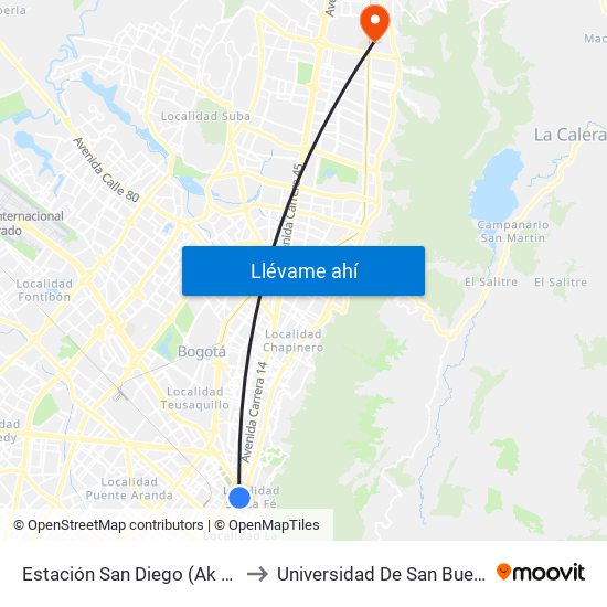 Estación San Diego (Ak 10 - Cl 23) to Universidad De San Buenaventura map