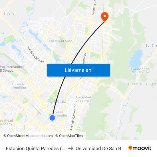 Estación Quinta Paredes (Ac 26 - Kr 45) to Universidad De San Buenaventura map