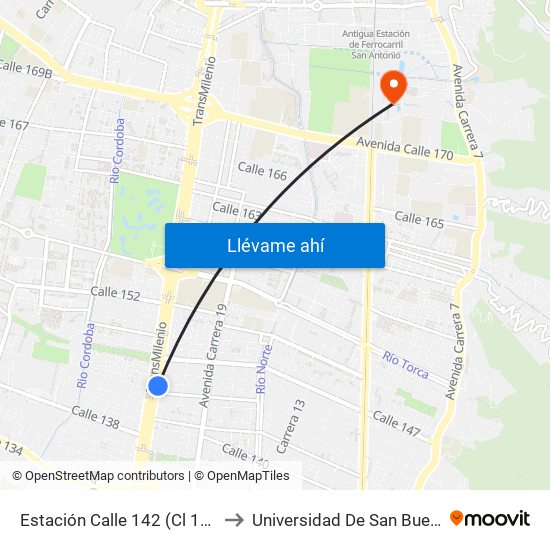 Estación Calle 142 (Cl 145 - Kr 21) to Universidad De San Buenaventura map