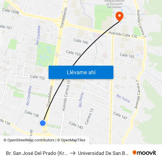 Br. San José Del Prado (Kr 45a - Cl 137) to Universidad De San Buenaventura map