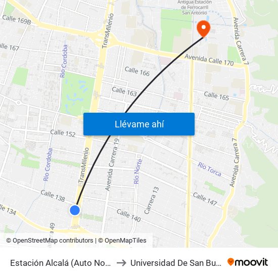 Estación Alcalá (Auto Norte - Cl 136) to Universidad De San Buenaventura map