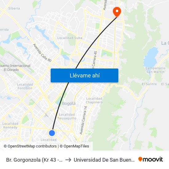 Br. Gorgonzola (Kr 43 - Cl 12b) to Universidad De San Buenaventura map