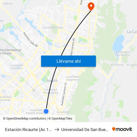 Estación Ricaurte (Ac 13 - Kr 29) to Universidad De San Buenaventura map