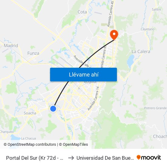 Portal Del Sur (Kr 72d - Cl 57k Sur) to Universidad De San Buenaventura map