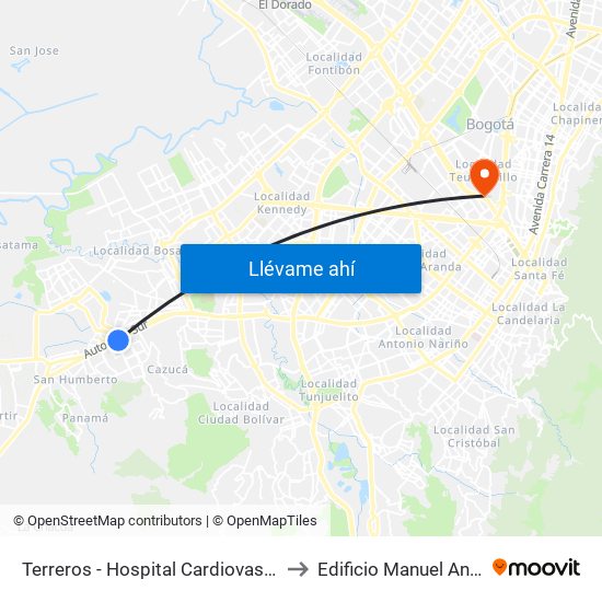 Terreros - Hospital Cardiovascular (Lado Sur) to Edificio Manuel Ancizar (224) map