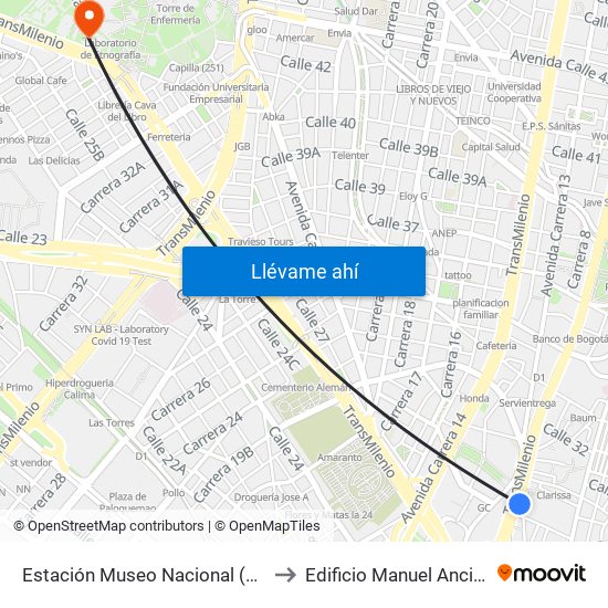 Estación Museo Nacional (Ak 7 - Cl 29) to Edificio Manuel Ancizar (224) map