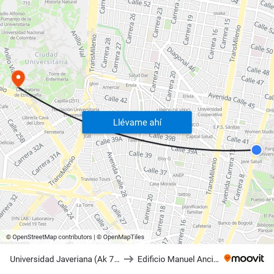 Universidad Javeriana (Ak 7 - Cl 40) (B) to Edificio Manuel Ancizar (224) map