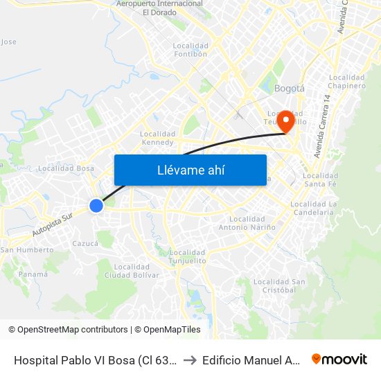 Hospital Pablo VI Bosa (Cl 63 Sur - Kr 77g) (A) to Edificio Manuel Ancizar (224) map