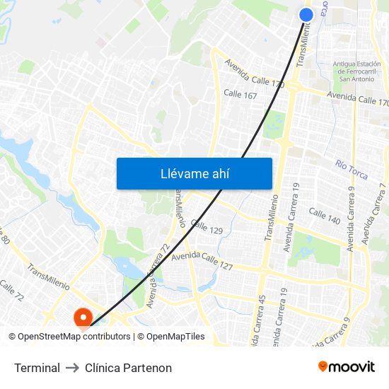 Terminal to Clínica Partenon map