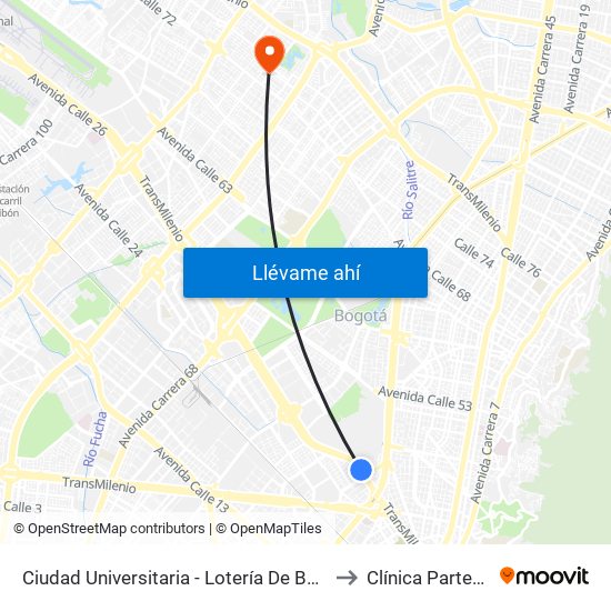 Ciudad Universitaria - Lotería De Bogotá to Clínica Partenon map